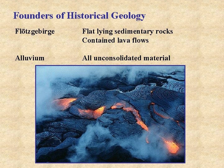 Founders of Historical Geology Flötzgebirge Flat lying sedimentary rocks Contained lava flows Alluvium All