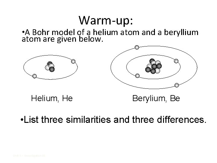 Warm-up: • A Bohr model of a helium atom and a beryllium atom are