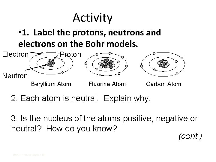 Activity • 1. Label the protons, neutrons and electrons on the Bohr models. Electron