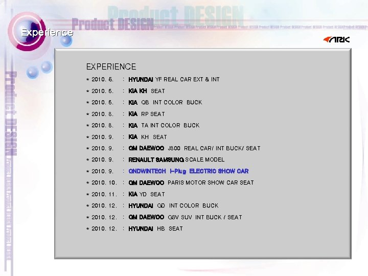  Experience EXPERIENCE * 2010. 5. : HYUNDAI YF REAL CAR EXT & INT
