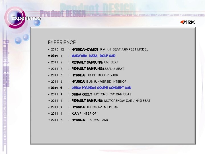  Experience EXPERIENCE * 2010. 12. : HYUNDAI-DYMOS KIA KH SEAT ARMREST MODEL *