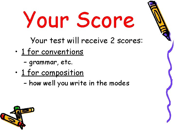 Your Score Your test will receive 2 scores: • 1 for conventions – grammar,
