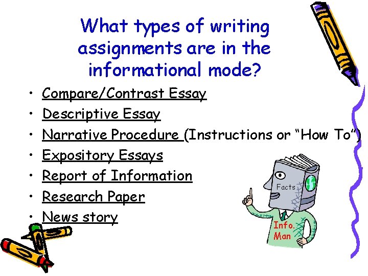 What types of writing assignments are in the informational mode? • • Compare/Contrast Essay