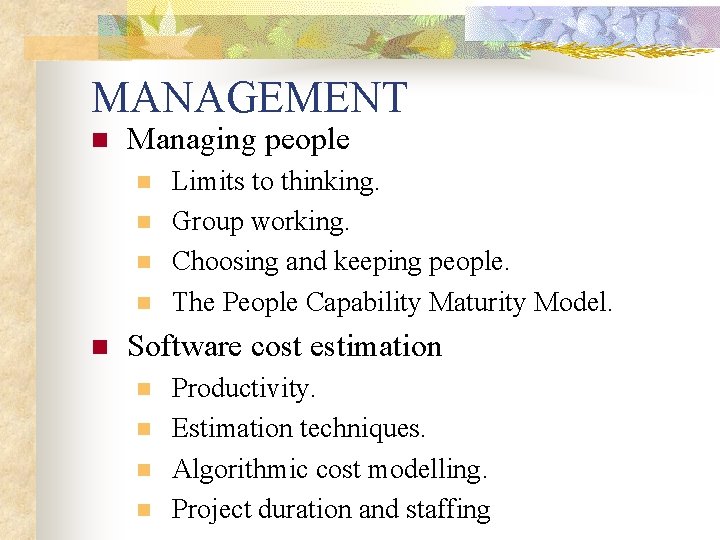 MANAGEMENT n Managing people n n n Limits to thinking. Group working. Choosing and