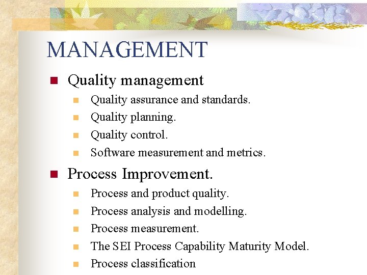 MANAGEMENT n Quality management n n n Quality assurance and standards. Quality planning. Quality