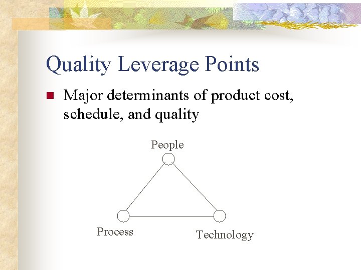 Quality Leverage Points n Major determinants of product cost, schedule, and quality People Process