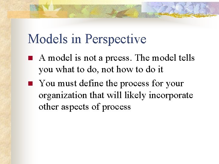 Models in Perspective n n A model is not a prcess. The model tells