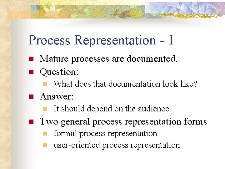 Process Representation - 1 n n Mature processes are documented. Question: n n Answer: