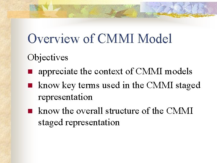 Overview of CMMI Model Objectives n appreciate the context of CMMI models n know