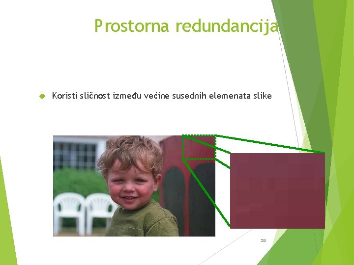 Prostorna redundancija Koristi sličnost između većine susednih elemenata slike 28 