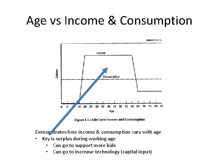 Age vs Income & Consumption Demonstrates how income & consumption vary with age •