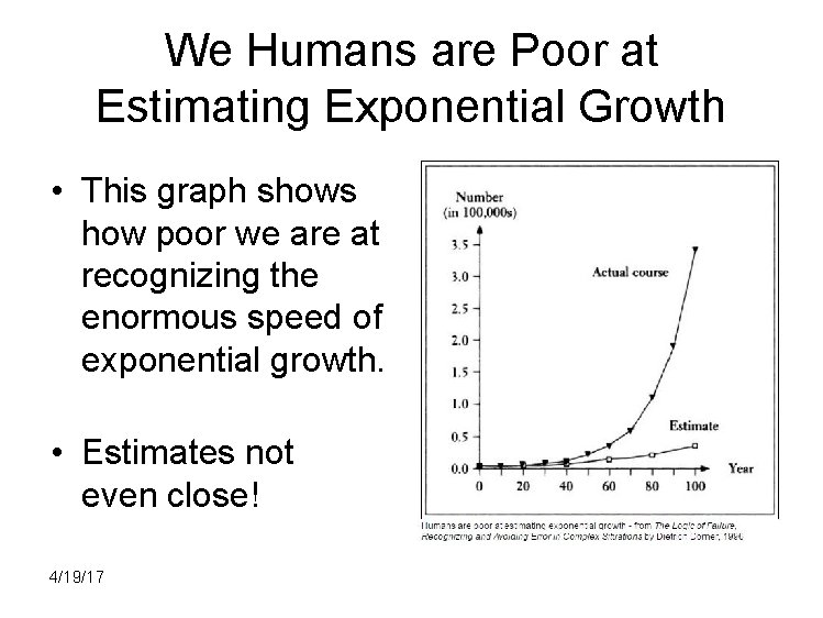We Humans are Poor at Estimating Exponential Growth • This graph shows how poor
