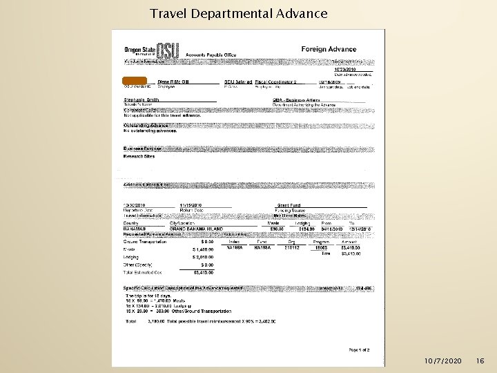 Travel Departmental Advance 10/7/2020 16 