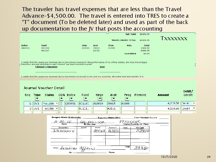 The traveler has travel expenses that are less than the Travel Advance-$4, 500. The