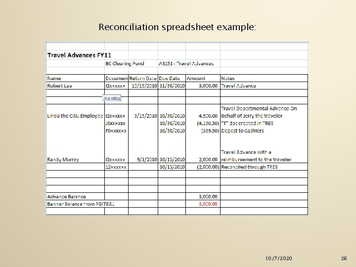 Reconciliation spreadsheet example: 10/7/2020 26 