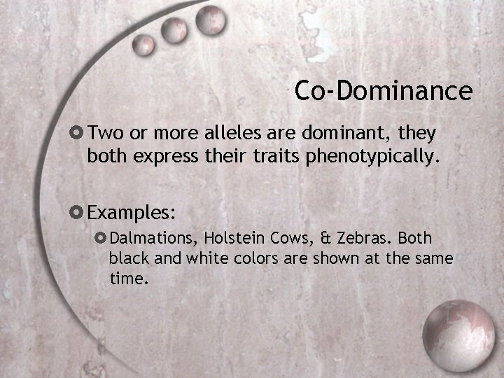 Co-Dominance Two or more alleles are dominant, they both express their traits phenotypically. Examples: