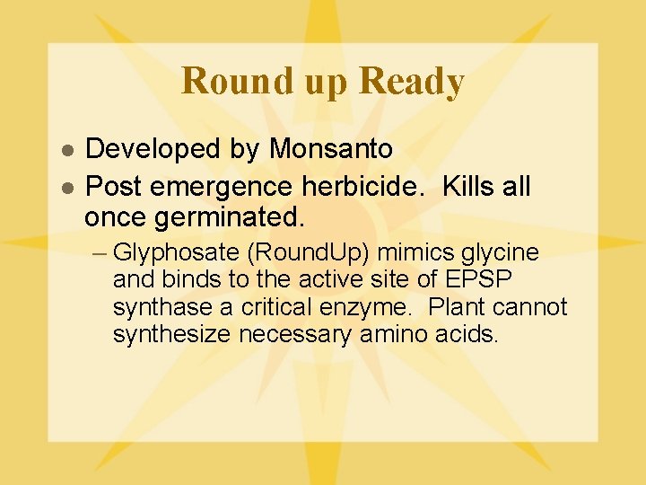 Round up Ready l l Developed by Monsanto Post emergence herbicide. Kills all once