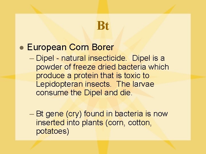 Bt l European Corn Borer – Dipel - natural insecticide. Dipel is a powder