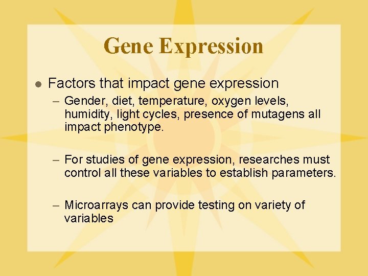 Gene Expression l Factors that impact gene expression – Gender, diet, temperature, oxygen levels,