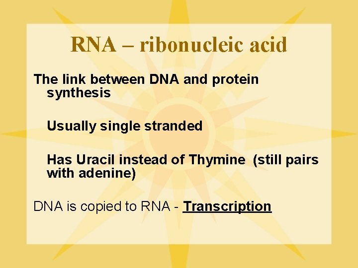 RNA – ribonucleic acid The link between DNA and protein synthesis Usually single stranded