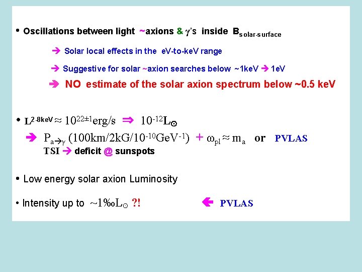 • Oscillations between light ~axions & γ’s inside Bsolar-surface Solar local effects in