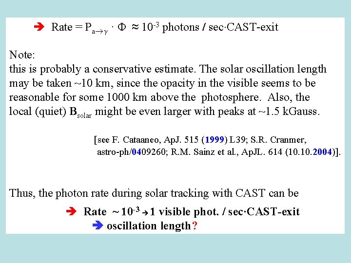  Rate = Pa γ · Φ ≈ 10 -3 photons / sec·CAST-exit Note: