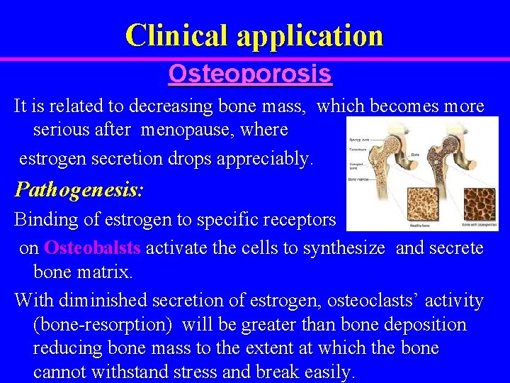 Clinical application Osteoporosis It is related to decreasing bone mass, which becomes more serious