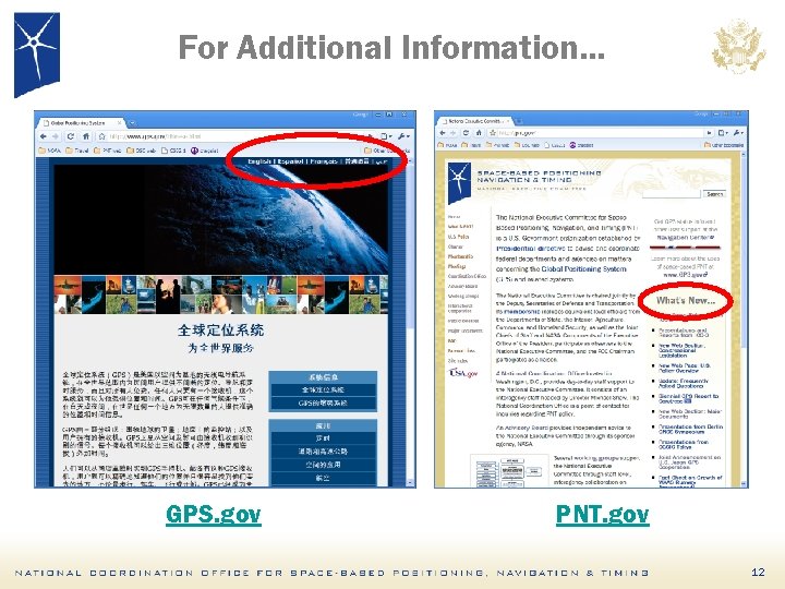 For Additional Information… GPS. gov PNT. gov 12 