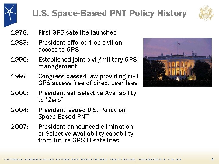 U. S. Space-Based PNT Policy History 1978: First GPS satellite launched 1983: President offered