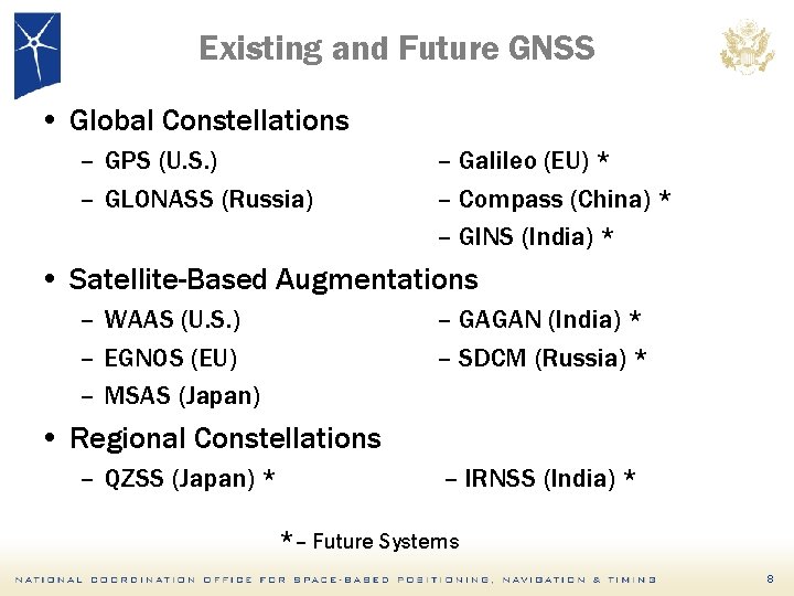 Existing and Future GNSS • Global Constellations – GPS (U. S. ) – GLONASS