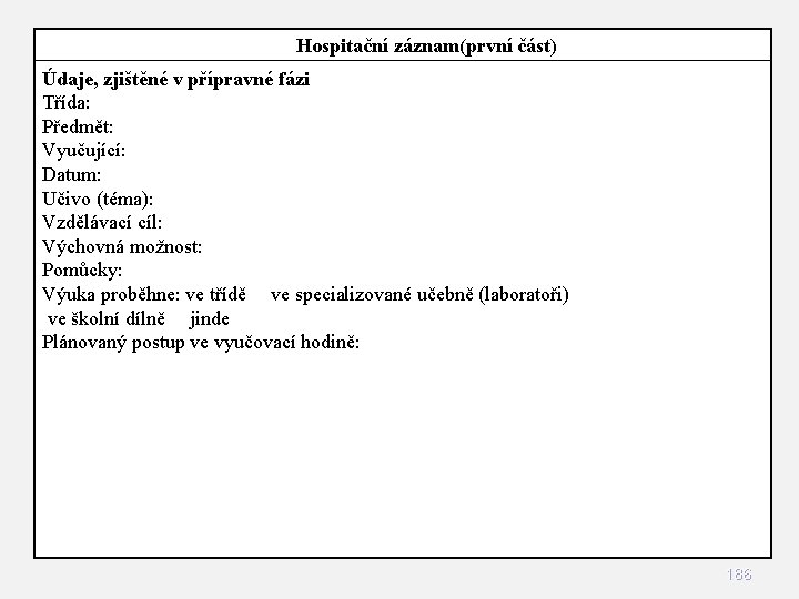 Hospitační záznam(první část) Údaje, zjištěné v přípravné fázi Třída: Předmět: Vyučující: Datum: Učivo Hospitační záznam(první část) Údaje, zjištěné v přípravné fázi Třída: Předmět: Vyučující: Datum: Učivo