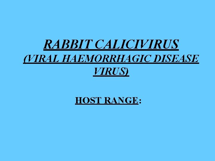 RABBIT CALICIVIRUS (VIRAL HAEMORRHAGIC DISEASE VIRUS) HOST RANGE: 