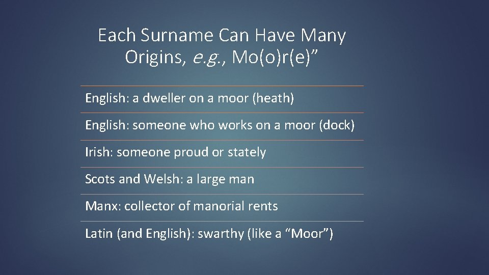 Each Surname Can Have Many Origins, e. g. , Mo(o)r(e)” English: a dweller on