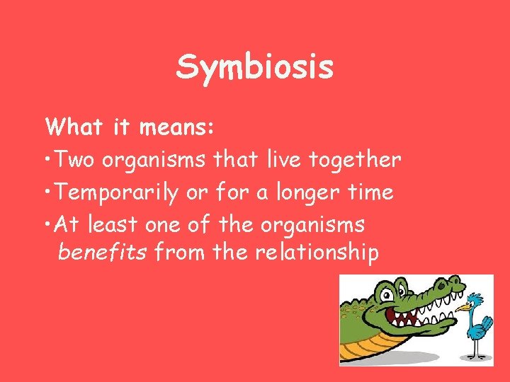 Symbiosis What it means: • Two organisms that live together • Temporarily or for
