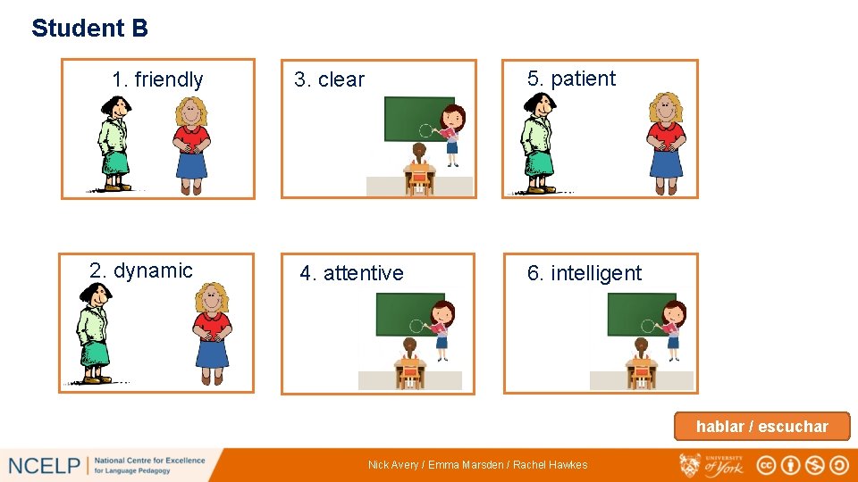 Student B 1. friendly 2. dynamic 3. clear 5. patient 4. attentive 6. intelligent