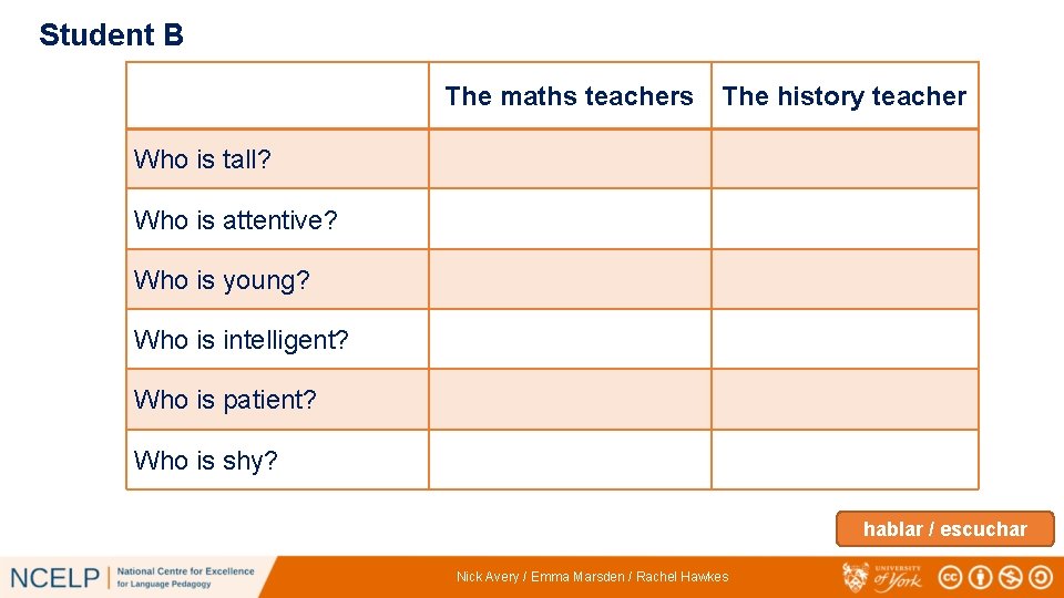 Student B The maths teachers The history teacher Who is tall? Who is attentive?