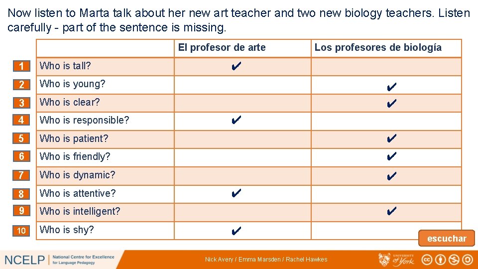 Now listen to Marta talk about her new art teacher and two new biology