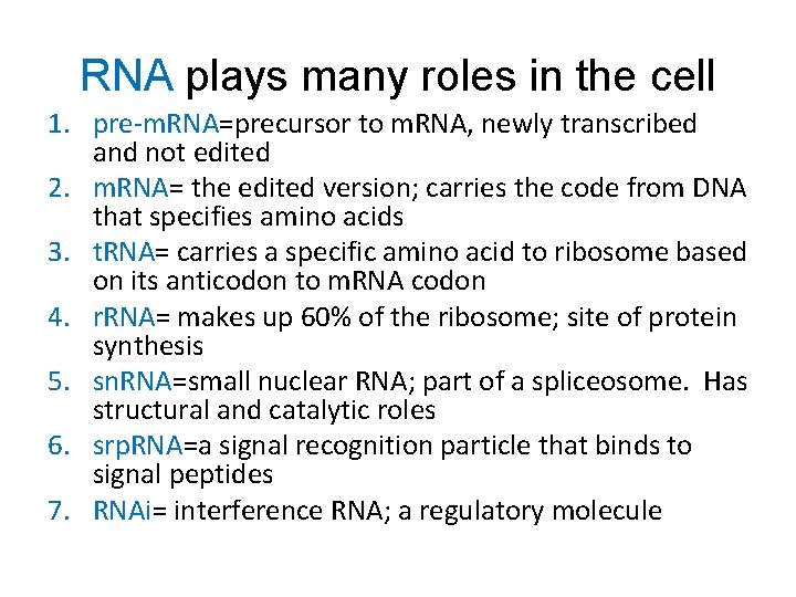 RNA plays many roles in the cell 1. pre-m. RNA=precursor to m. RNA, newly