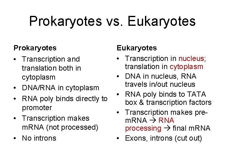 Prokaryotes vs. Eukaryotes Prokaryotes • Transcription and translation both in cytoplasm • DNA/RNA in