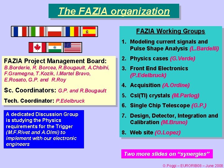 The FAZIA organization FAZIA Working Groups 1. Modeling current signals and Pulse Shape Analysis