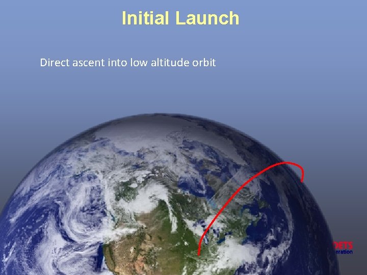 Initial Launch Direct ascent into low altitude orbit 
