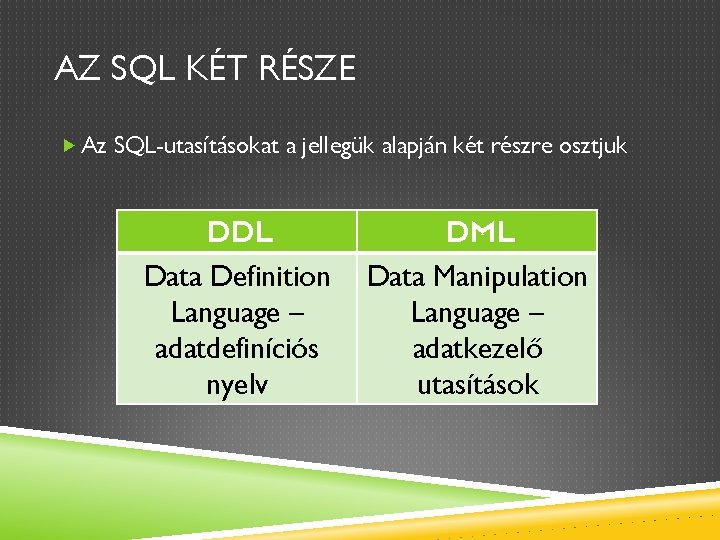 AZ SQL KÉT RÉSZE Az SQL-utasításokat a jellegük alapján két részre osztjuk DDL Data