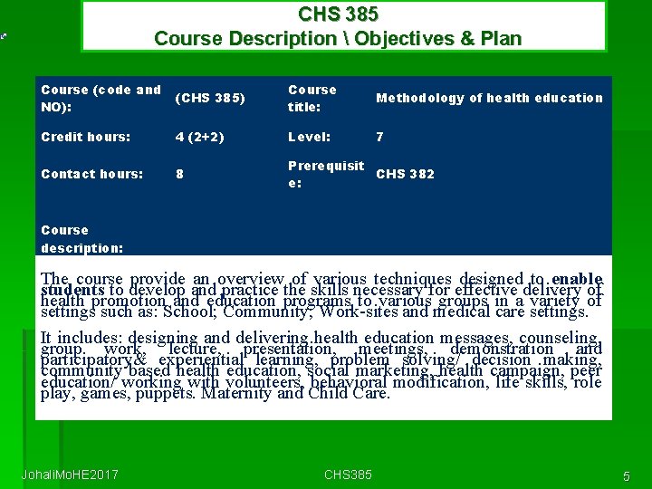 CHS 385 Course Description  Objectives & Plan Course (code and NO): (CHS 385)