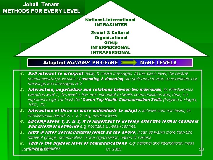 Johali Tenant METHODS FOR EVERY LEVEL National–International INTRA&INTER Social & Cultural Organizational Group INTERPERSONAL