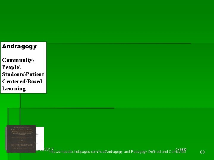 Andragogy Community People StudentsPatient CenteredBased Learning CHS 385 Johali. Mo. HE 2017 http: //drhaddox.