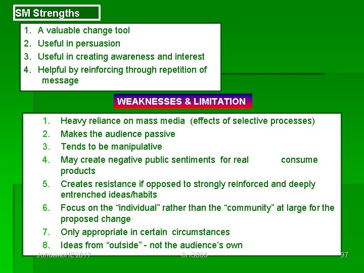 SM Strengths 1. 2. 3. 4. A valuable change tool Useful in persuasion Useful