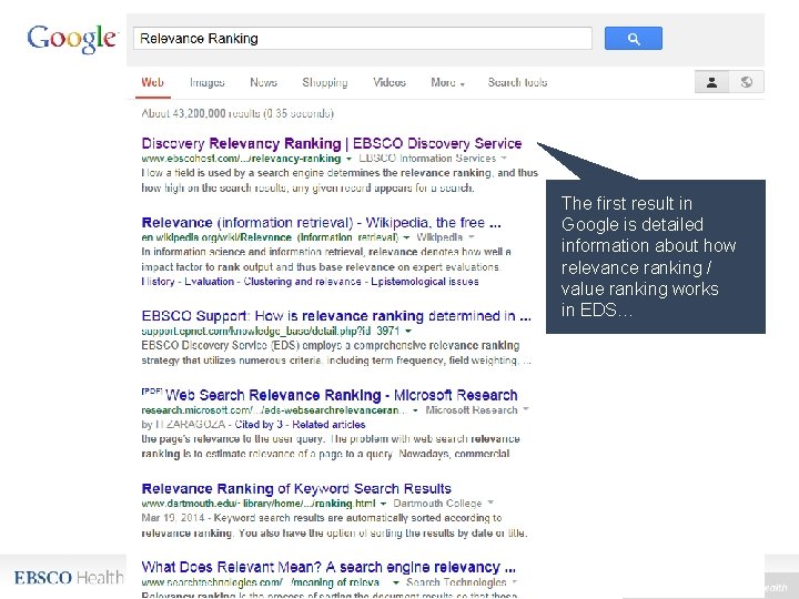 The first result in Google is detailed information about how relevance ranking / value