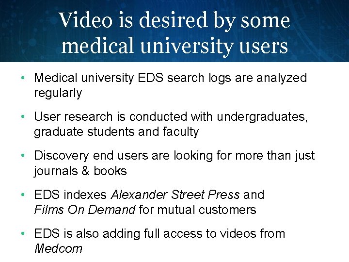 Video is desired by some medical university users • Medical university EDS search logs