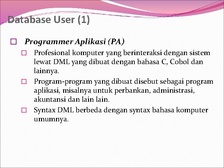 Database User (1) � Programmer Aplikasi (PA) � Profesional komputer yang berinteraksi dengan sistem