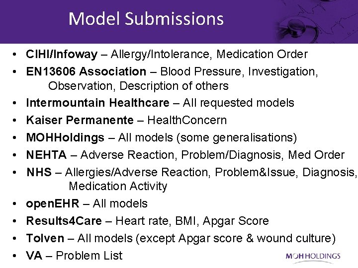 Model Submissions • CIHI/Infoway – Allergy/Intolerance, Medication Order • EN 13606 Association – Blood